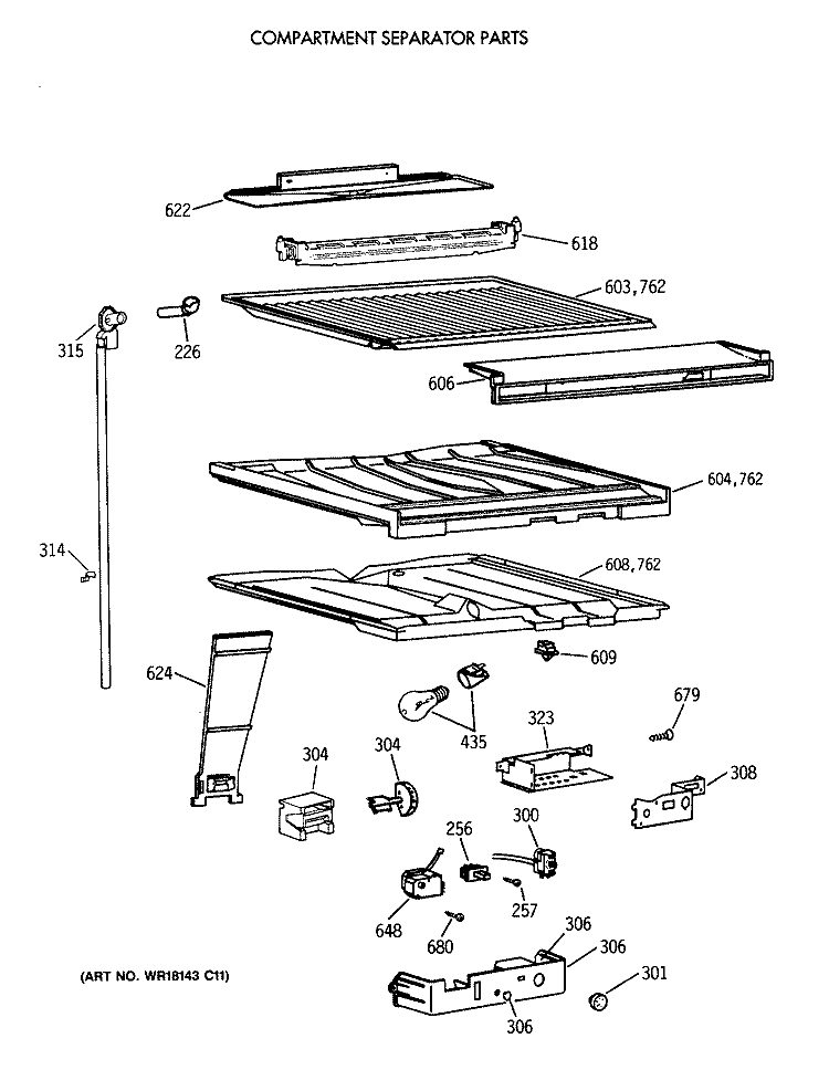 COMPARTMENT SEPARATOR PARTS Diagram and Parts List for TBH18DAXBRWW  General Electric Refrigerator