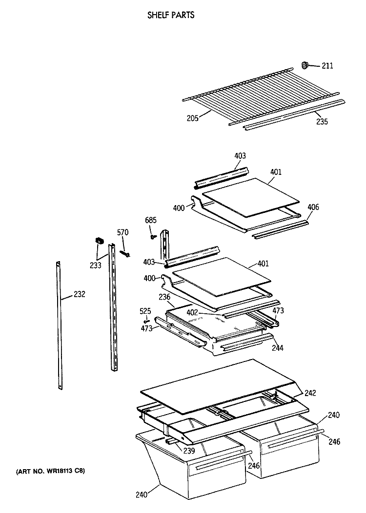 SHELF PARTS Diagram and Parts List for TBH18JAXBRWW  General Electric Refrigerator