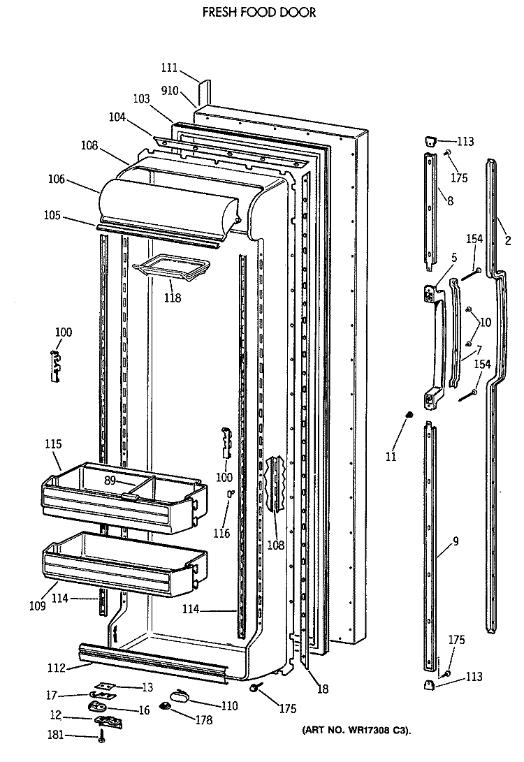 FRESH FOOD DOOR Diagram and Parts List for TFA24RMA  General Electric Refrigerator