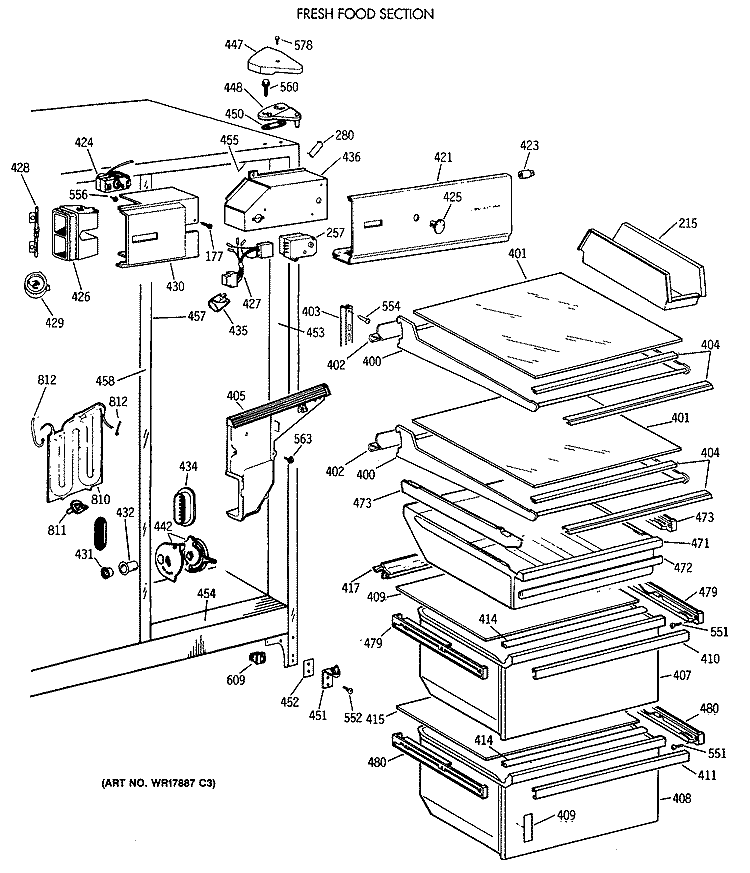 FRESH FOOD SECTION Diagram and Parts List for TFA24RMA  General Electric Refrigerator