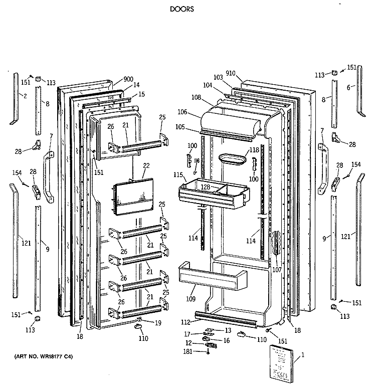 DOORS Diagram and Parts List for TFZ24PAXAWW  General Electric Refrigerator