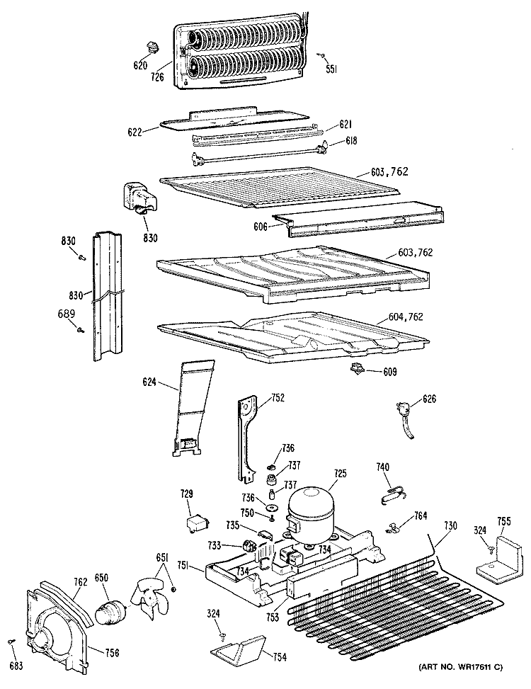 Section Diagram and Parts List for CTE18GRERWH  Hotpoint Refrigerator