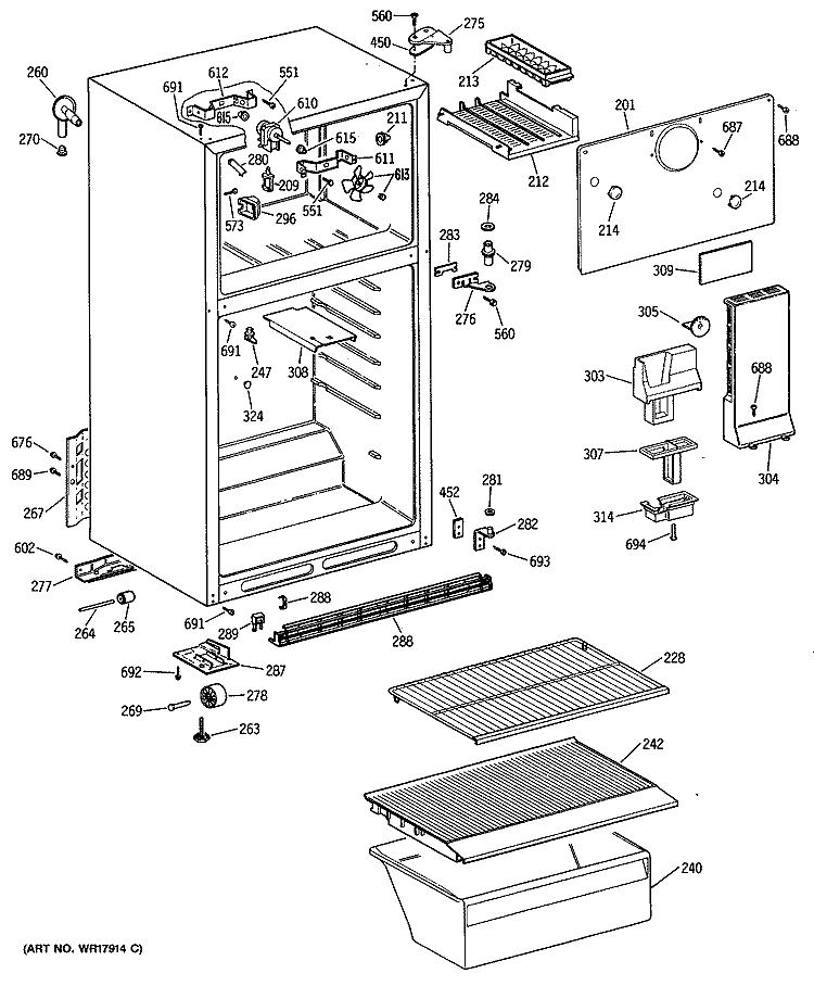 Section Diagram and Parts List for CTE14CYSDRWH  Hotpoint Refrigerator