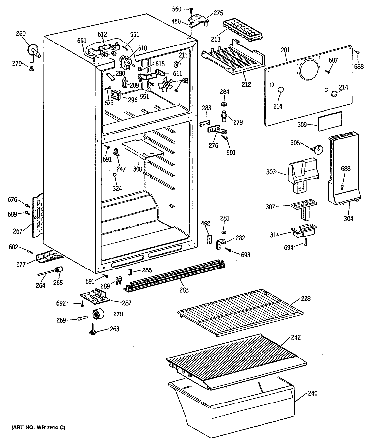 Section Diagram and Parts List for CTE16CYSFRWH  Hotpoint Refrigerator