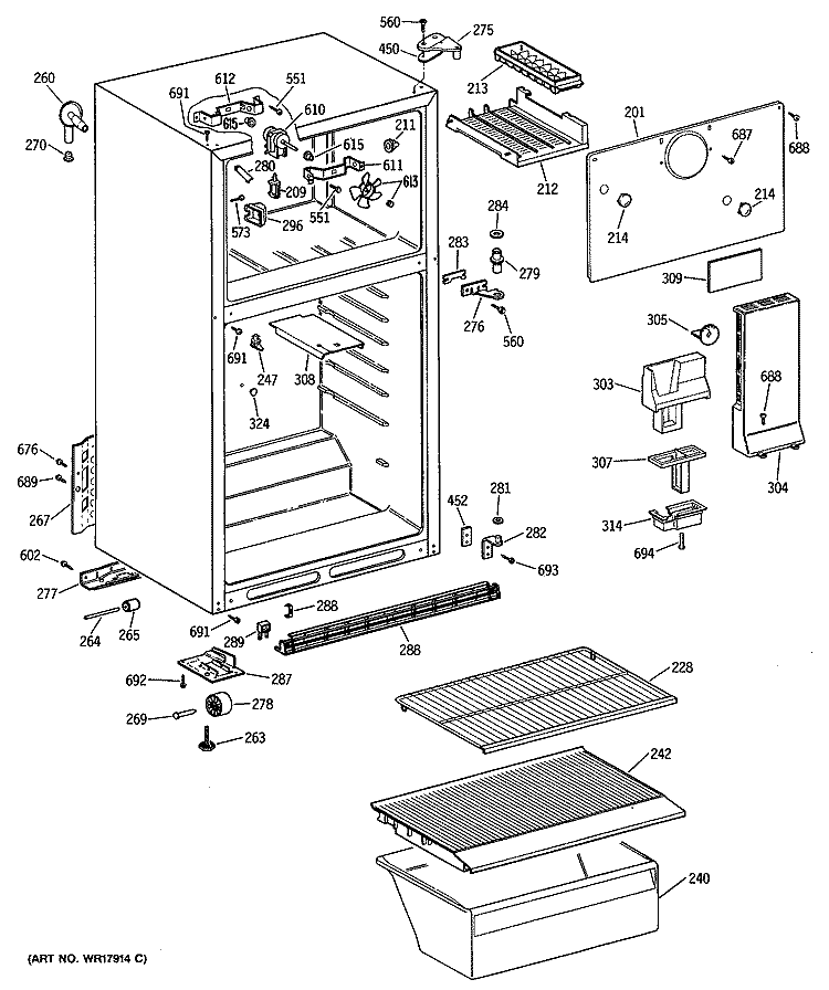 Section Diagram and Parts List for CTE16CYSDRWH  Hotpoint Refrigerator