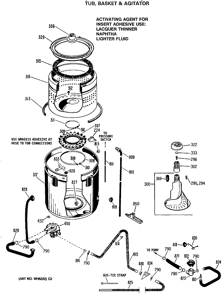TUB, BASKET & AGITATOR Diagram and Parts List for WLW3800SBLAD  Hotpoint Washer