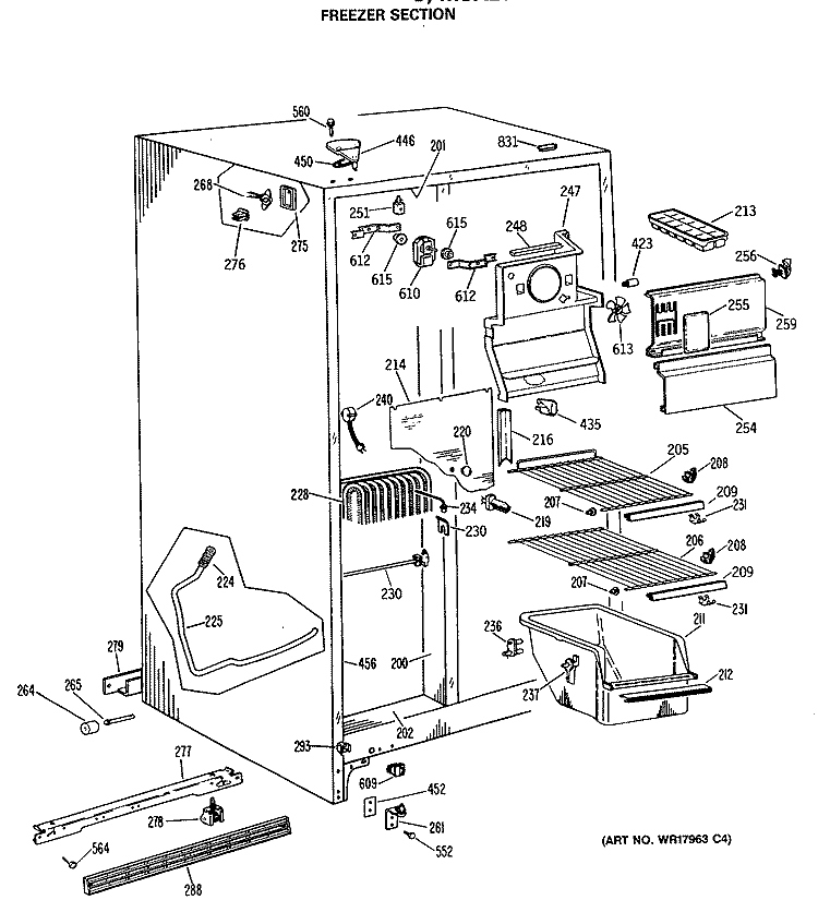 FREEZER SECTION Diagram and Parts List for MSX20GRAWH  General Electric Refrigerator