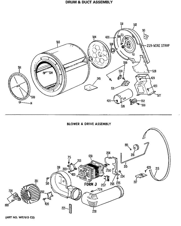 DRUM & DUCT ASSEMBLY Diagram and Parts List for DRL2655RALWW  General Electric Dryer