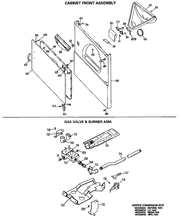 CABINET FRONT ASSEMBLY Diagram and Parts List for DRL1555RBL  General Electric Dryer