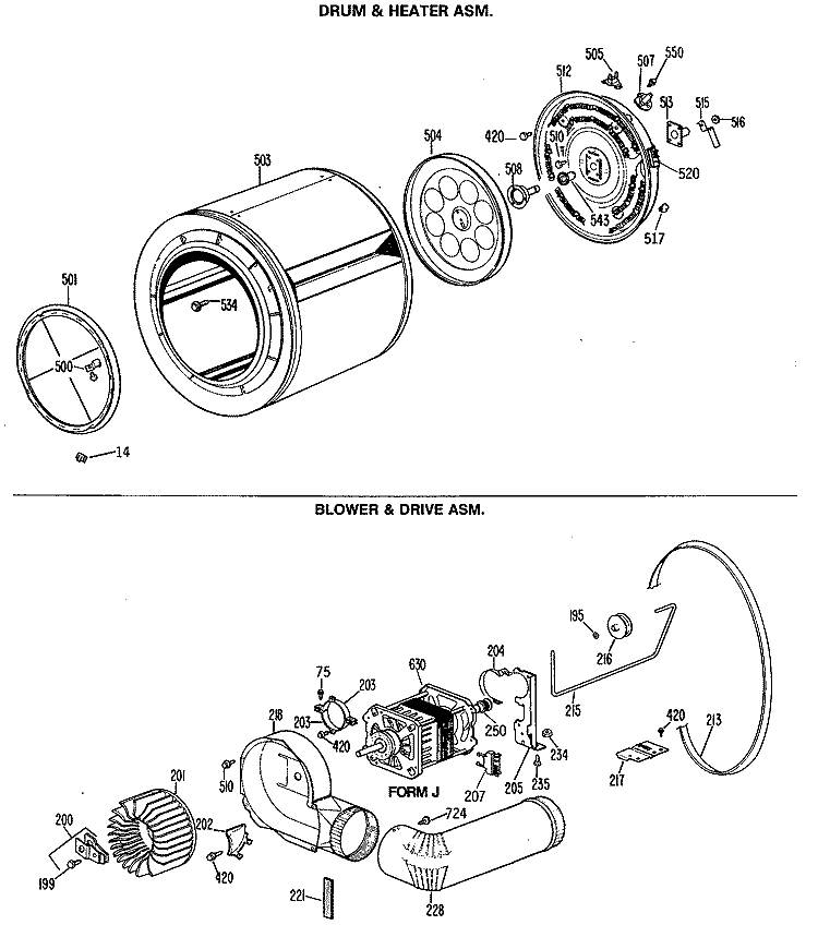 DRUM & HEATER ASM. Diagram and Parts List for DRB2655RALWW  General Electric Dryer