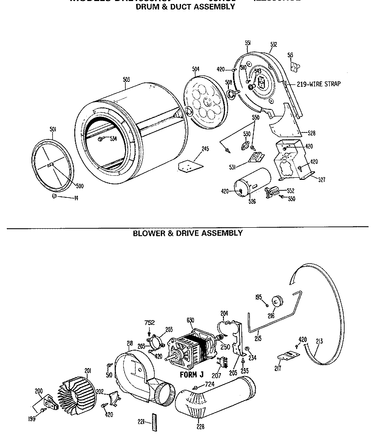 DRUM & DUCT ASSEMBLY Diagram and Parts List for DRL2455RCL  General Electric Dryer