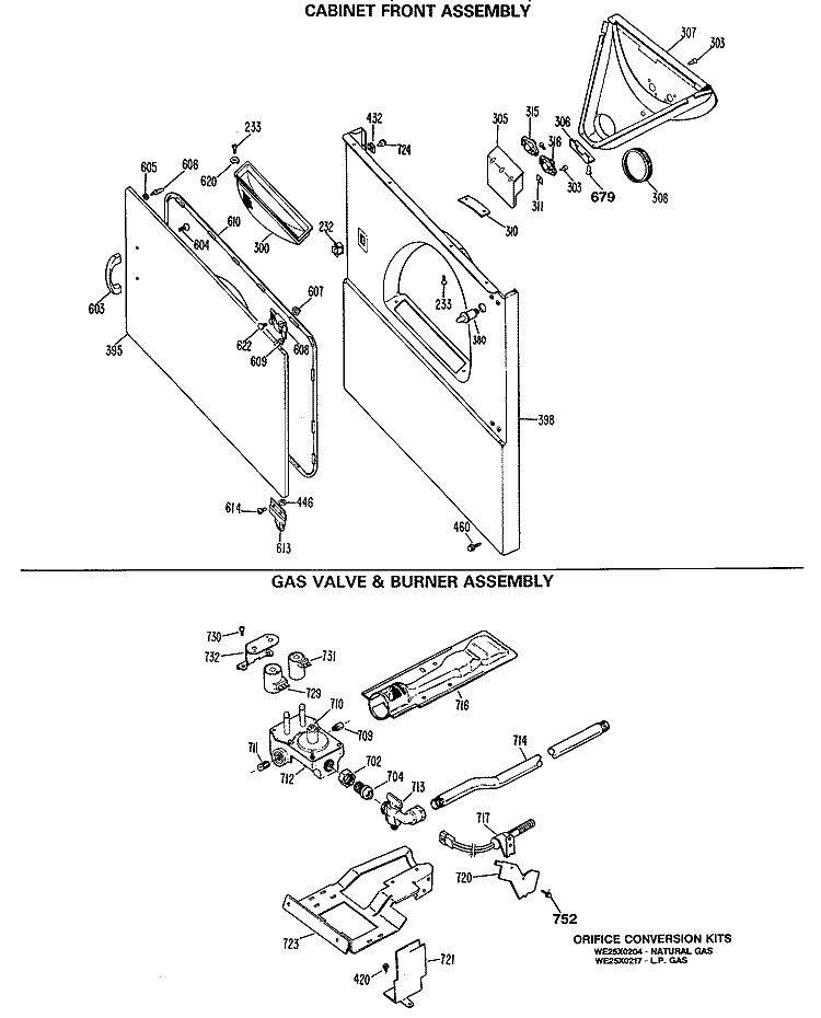 CABINET FRONT ASSEMBLY Diagram and Parts List for DRL2455RCL  General Electric Dryer