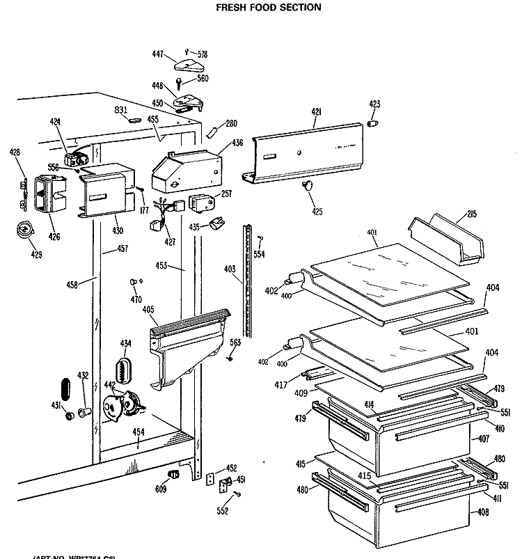 FRESH FOOD SECTION Diagram and Parts List for MSE20GRAWH  General Electric Refrigerator
