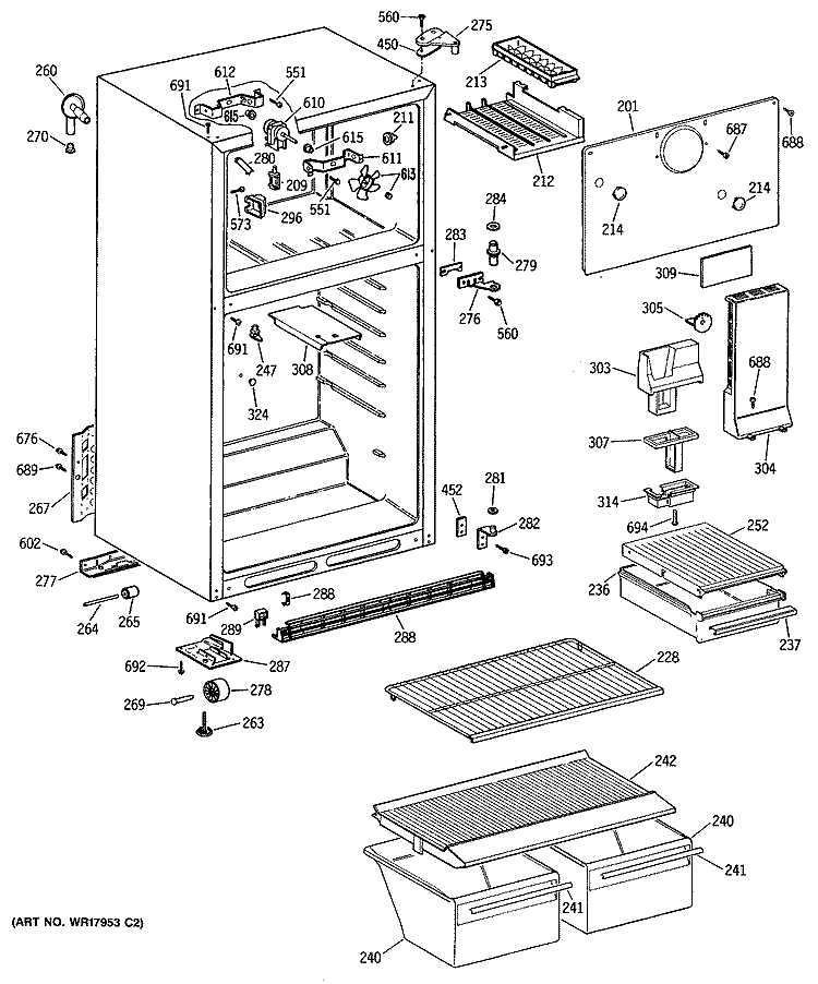 Section Diagram and Parts List for MTE14EASDRWH  General Electric Refrigerator