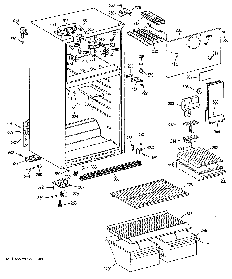 Section Diagram and Parts List for MTE14EASFRWH  General Electric Refrigerator