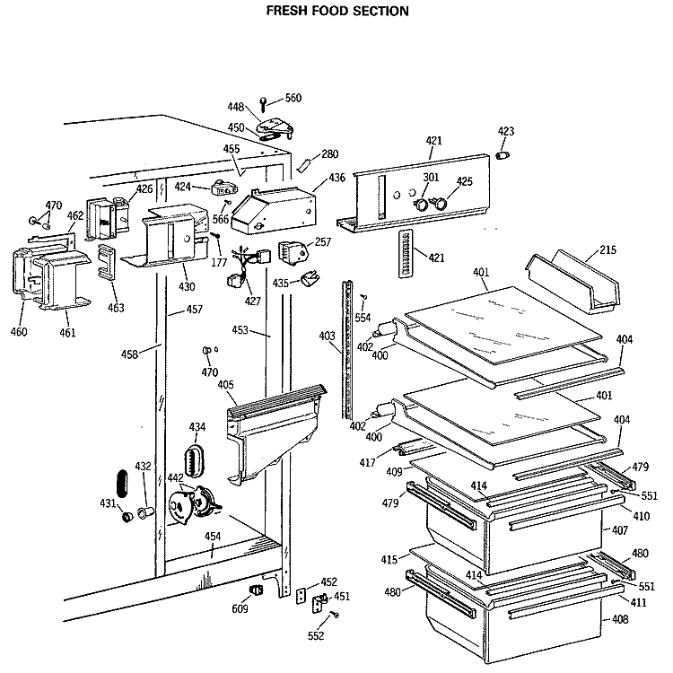 FRESH FOOD SECTION Diagram and Parts List for MSG22GASBAD  General Electric Refrigerator