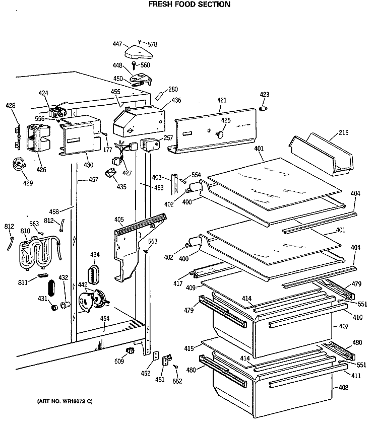 FRESH FOOD SECTION Diagram and Parts List for MSX20GWSBAD  General Electric Refrigerator