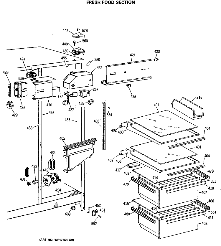 FRESH FOOD SECTION Diagram and Parts List for MSX22GASBAD  General Electric Refrigerator