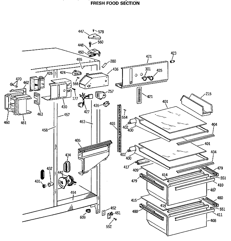 FRESH FOOD SECTION Diagram and Parts List for MSG22GASCAD  General Electric Refrigerator