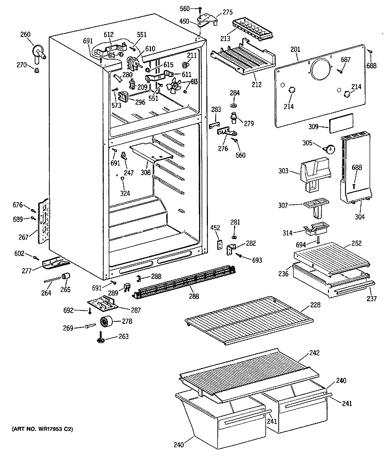 Section Diagram and Parts List for MTX16EYSCRWH  General Electric Refrigerator