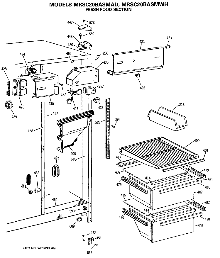 FRESH FOOD SECTION Diagram and Parts List for MRSC20BASMAD  General Electric Refrigerator