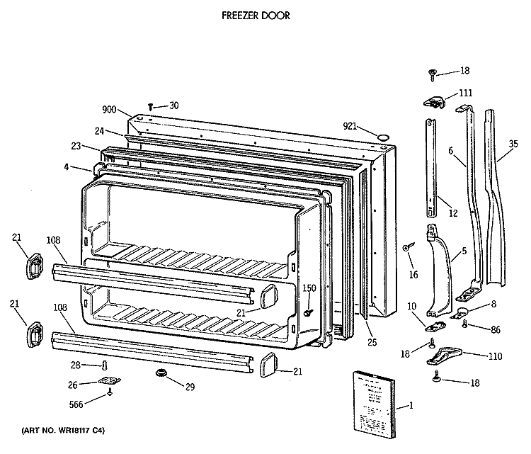 FREEZER DOOR Diagram and Parts List for MTE18EASTRWH  General Electric Refrigerator