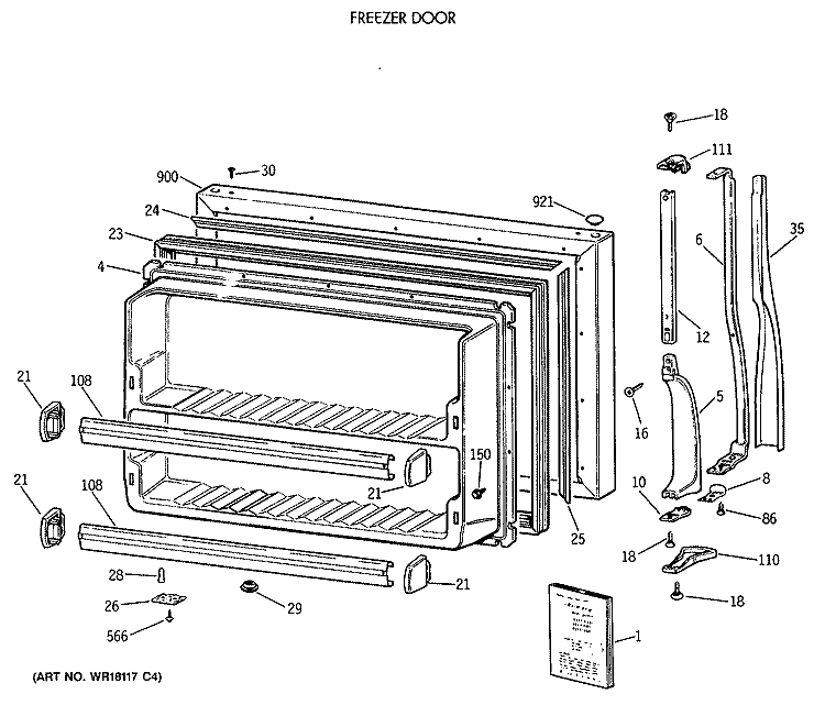 FREEZER DOOR Diagram and Parts List for MTX18EASWRWH  General Electric Refrigerator