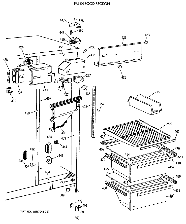 FRESH FOOD SECTION Diagram and Parts List for MRSC20BAXAAD  General Electric Refrigerator