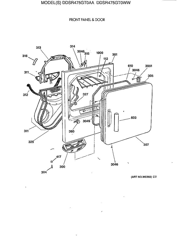 FRONT PANEL & DOOR Diagram and Parts List for DDSR475GT0AA  General Electric Dryer