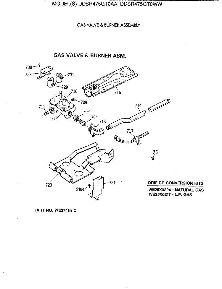 GAS VALVE & BURNER ASSEMBLY Diagram and Parts List for DDSR475GT0AA  General Electric Dryer