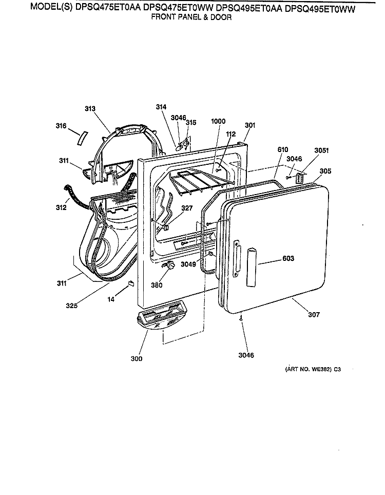 FRONT PANEL & DOOR Diagram and Parts List for DPXQ473ET0AA  General Electric Dryer