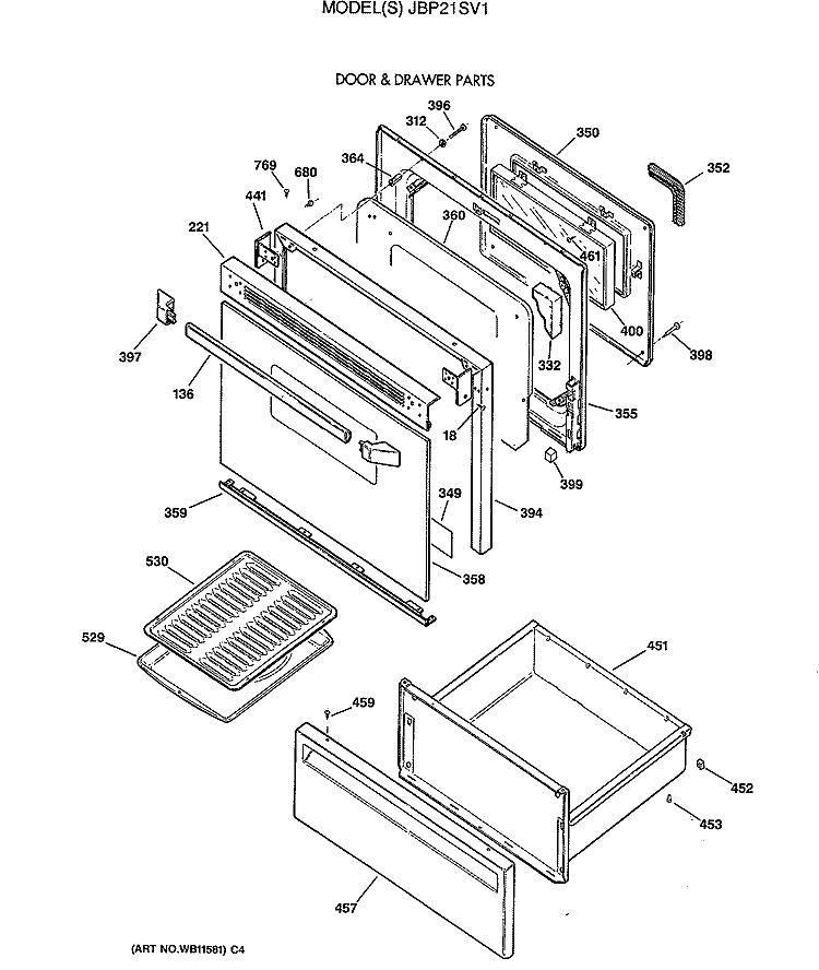 DOOR & DRAWER PARTS Diagram and Parts List for JBP21SV1  General Electric Range