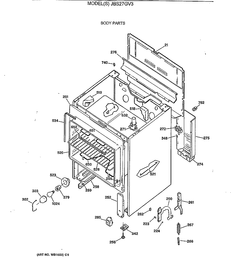 BODY PARTS Diagram and Parts List for JBS27GV3  General Electric Range