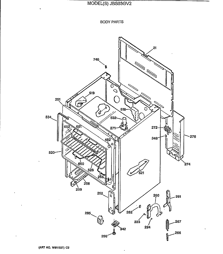BODY PARTS Diagram and Parts List for JBS03GV2  General Electric Range