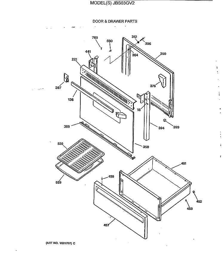 DOOR & DRAWER PARTS Diagram and Parts List for JBS03GV2  General Electric Range