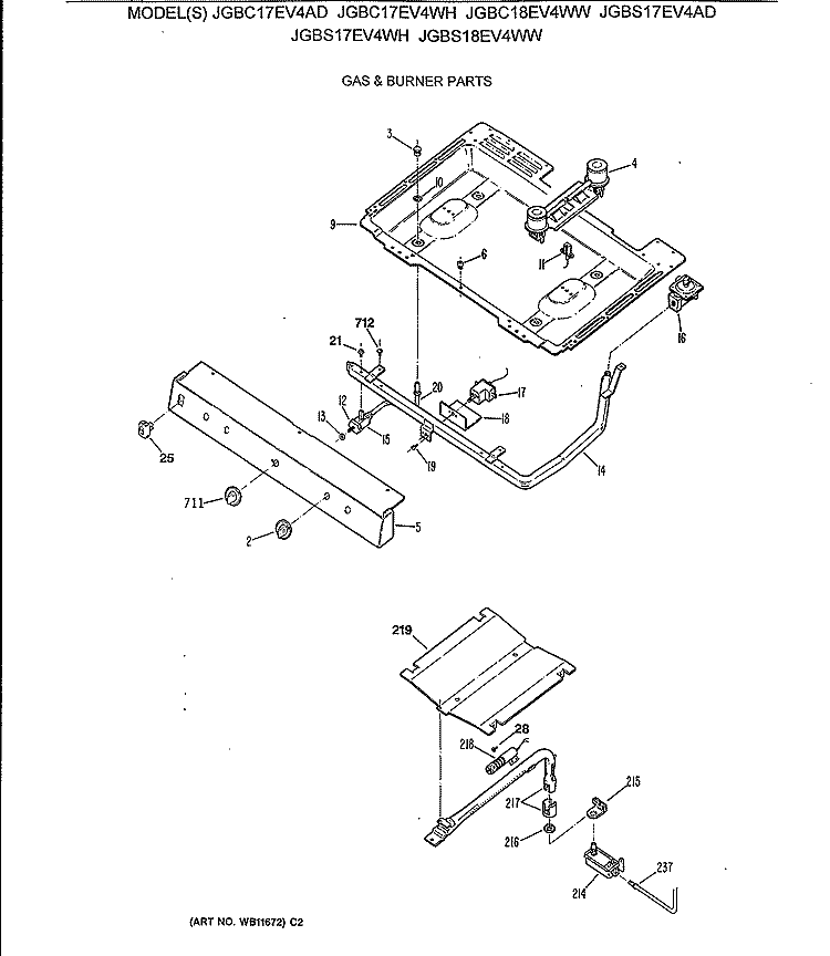 GAS & BURNER PARTS Diagram and Parts List for JGBC17EV4AD  General Electric Range