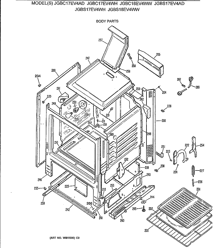 BODY PARTS Diagram and Parts List for JGBC17EV4AD  General Electric Range