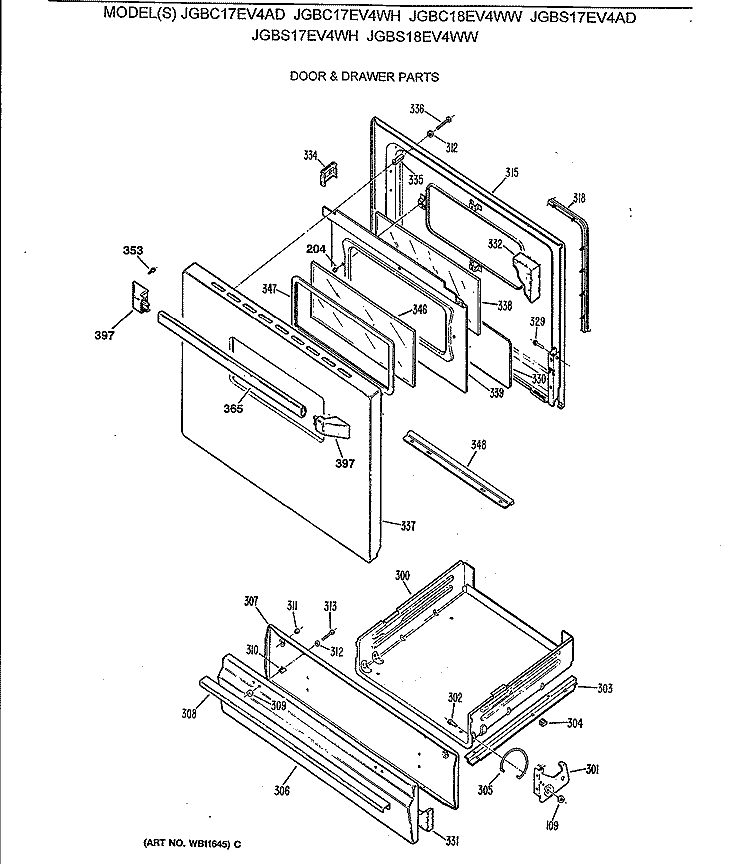 DOOR & DRAWER PARTS Diagram and Parts List for JGBC17EV4AD  General Electric Range