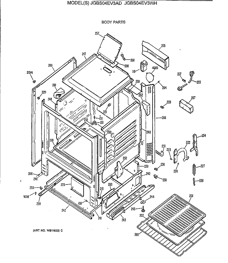 BODY PARTS Diagram and Parts List for JGBS04EV3AD  General Electric Range