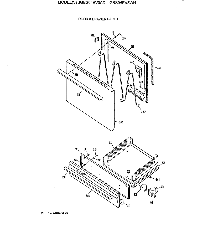 DOOR & DRAWER PARTS Diagram and Parts List for JGBS04EV3AD  General Electric Range
