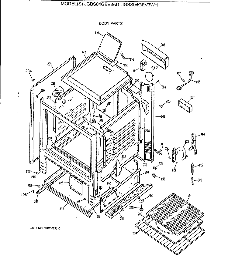 BODY PARTS Diagram and Parts List for JGBS04GEV3AD  General Electric Range