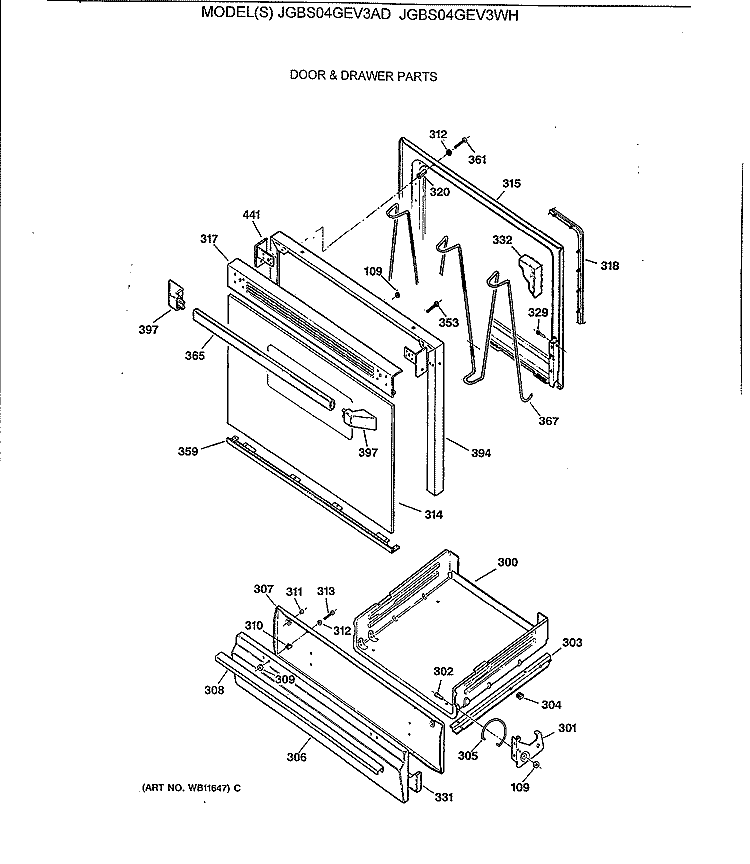 DOOR & DRAWER PARTS Diagram and Parts List for JGBS04GEV3AD  General Electric Range