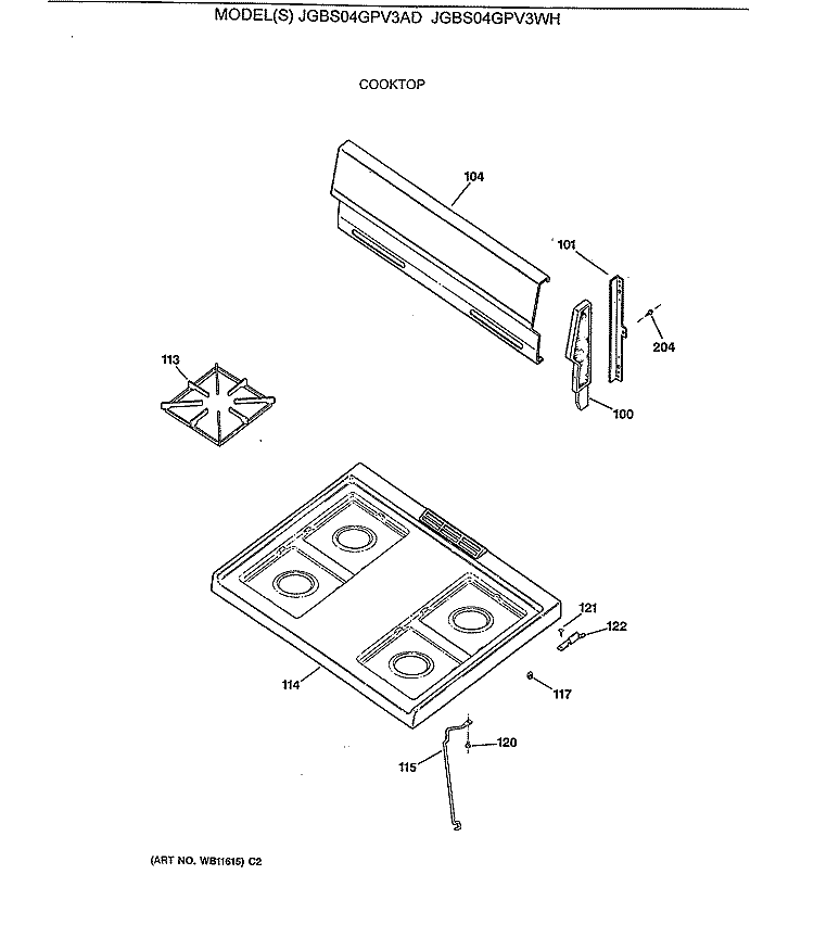 COOKTOP Diagram and Parts List for JGBS04GPV3AD  General Electric Range
