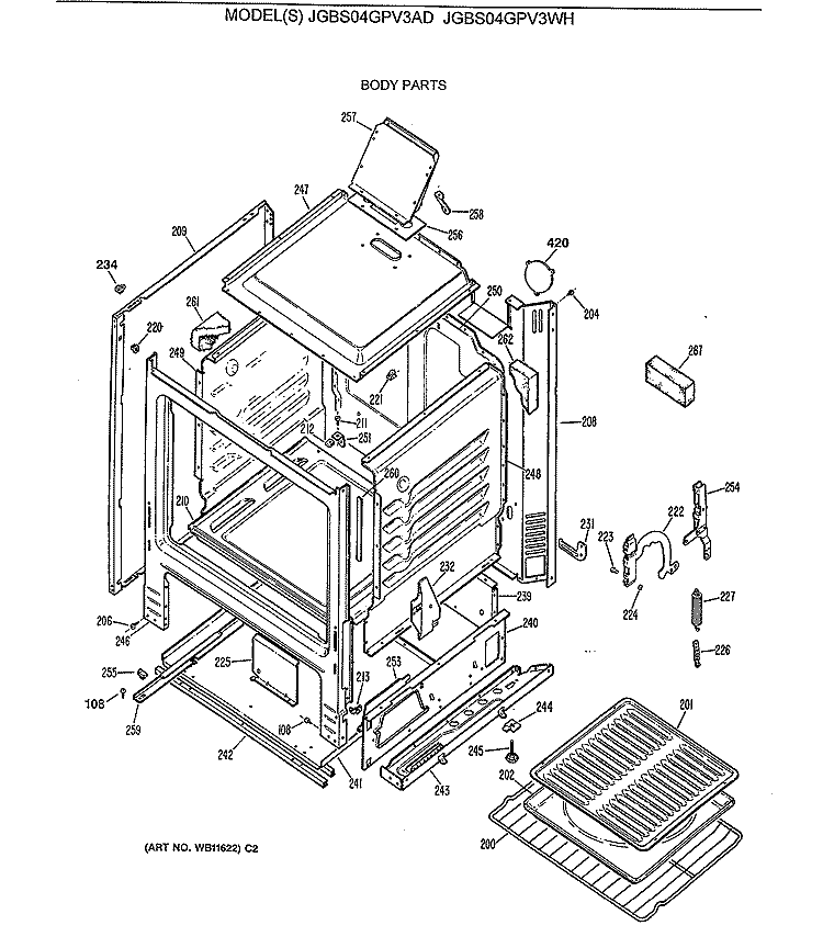 BODY PARTS Diagram and Parts List for JGBS04GPV3AD  General Electric Range