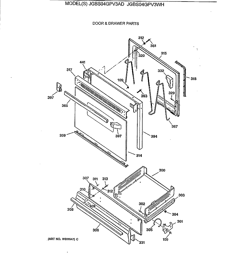 DOOR & DRAWER PARTS Diagram and Parts List for JGBS04GPV3AD  General Electric Range