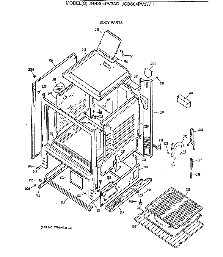 BODY PARTS Diagram and Parts List for JGBS04PV3AD  General Electric Range