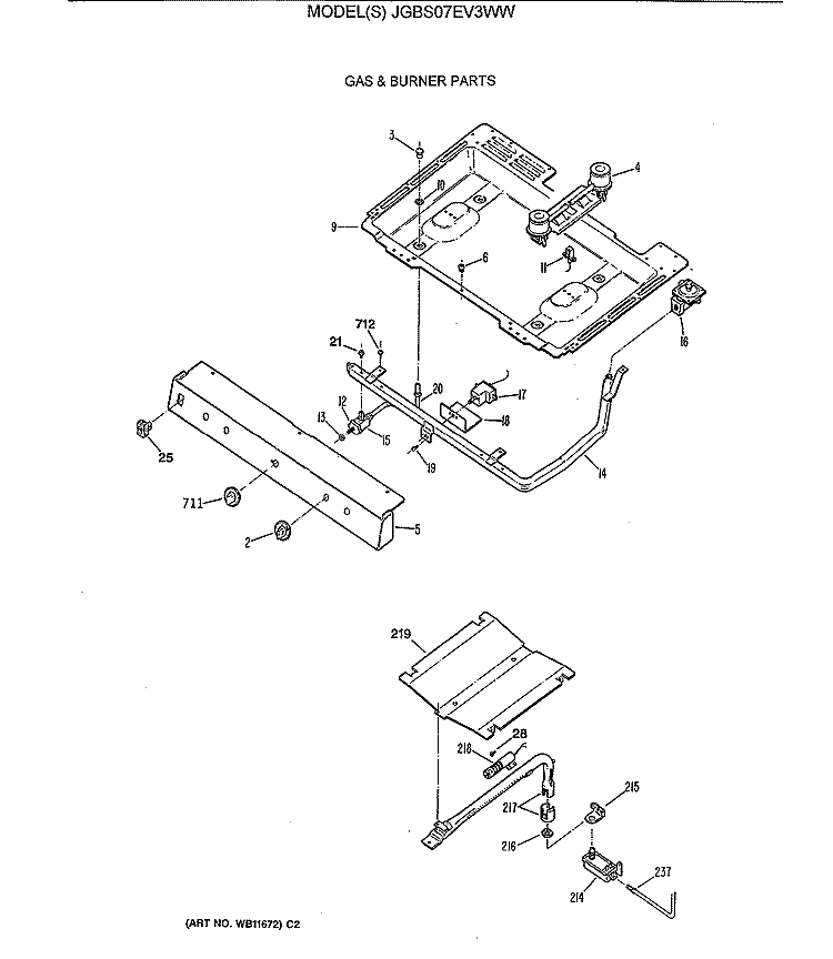 GAS & BURNER PARTS Diagram and Parts List for JGBS07EV3WW  General Electric Range
