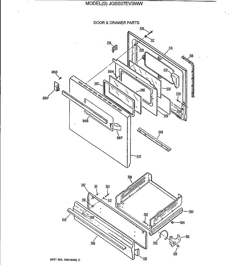 DOOR & DRAWER PARTS Diagram and Parts List for JGBS07EV3WW  General Electric Range