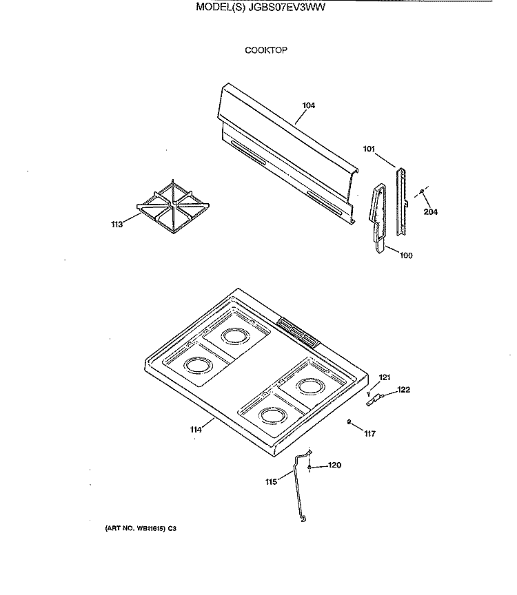 COOKTOP Diagram and Parts List for JGBS07EV3WW  General Electric Range