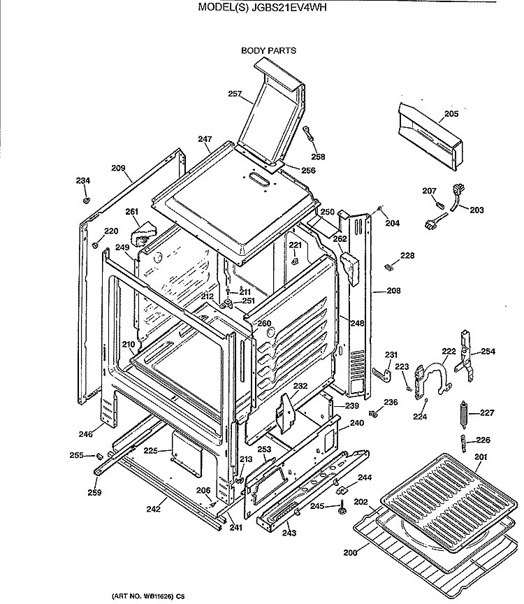 BODY PARTS Diagram and Parts List for JGBS21EV4WH  General Electric Range